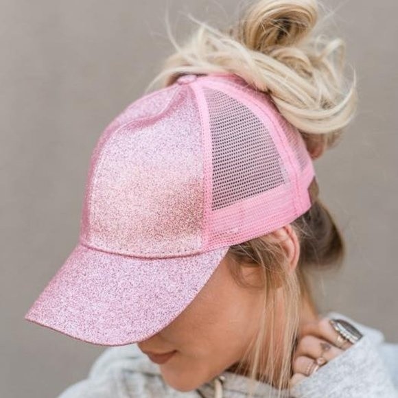 C.C Accessories - Pink Glitter C.C Ponytail Messy Bun Cap